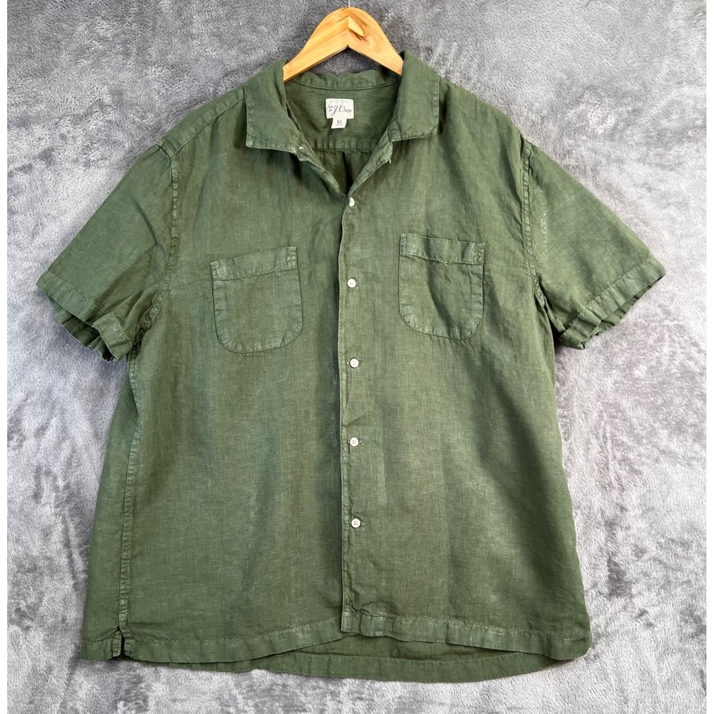 J Crew Baird McNutt Irish Linen Shirt Mens XL Army Green Button Up Short Sleeve